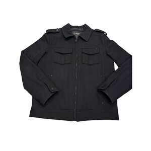 Guess Men's Black Wool Blend‎ Military Jacket Size M Zip Front Epaulet Pockets